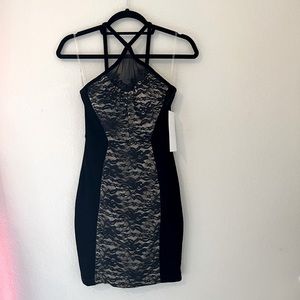 Black velour with lace front mini dress